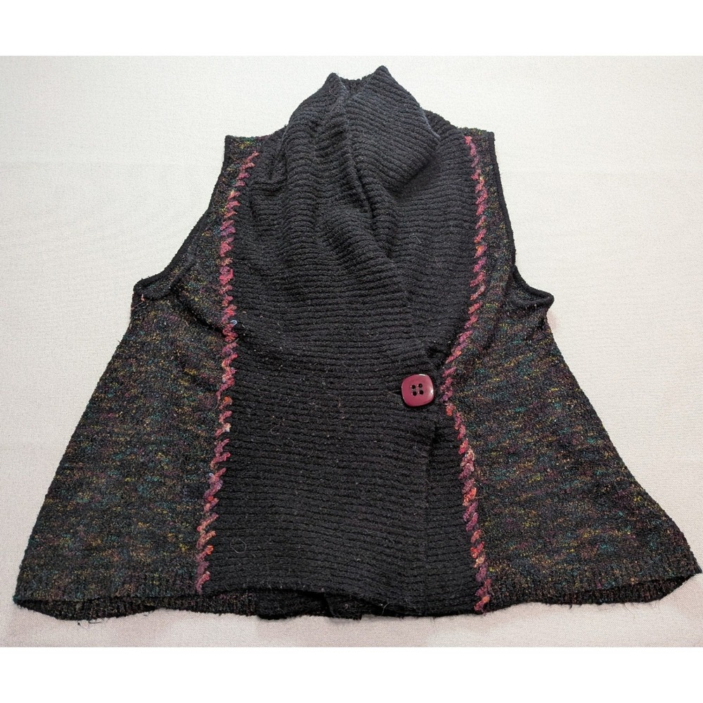 Curio Knit Sweater Vest Womens Large Black Multi Excellent Shawl Collar Button